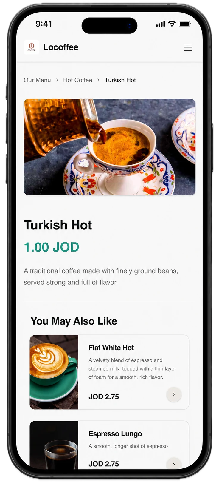 Digital menu item details page on mobile showing pricing and customization options